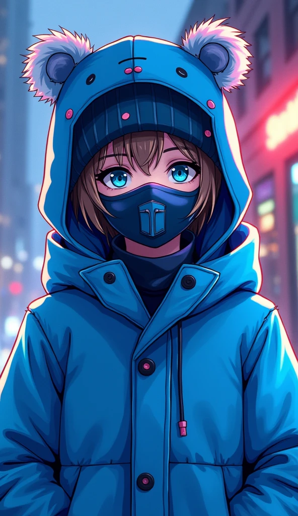  ager wearing a coat with a cap that has furry ears and a mask similar to Sub-Zero&#39;s. In neon blue color palette with light blue in anime style for YouTube channel logo only from the waist up