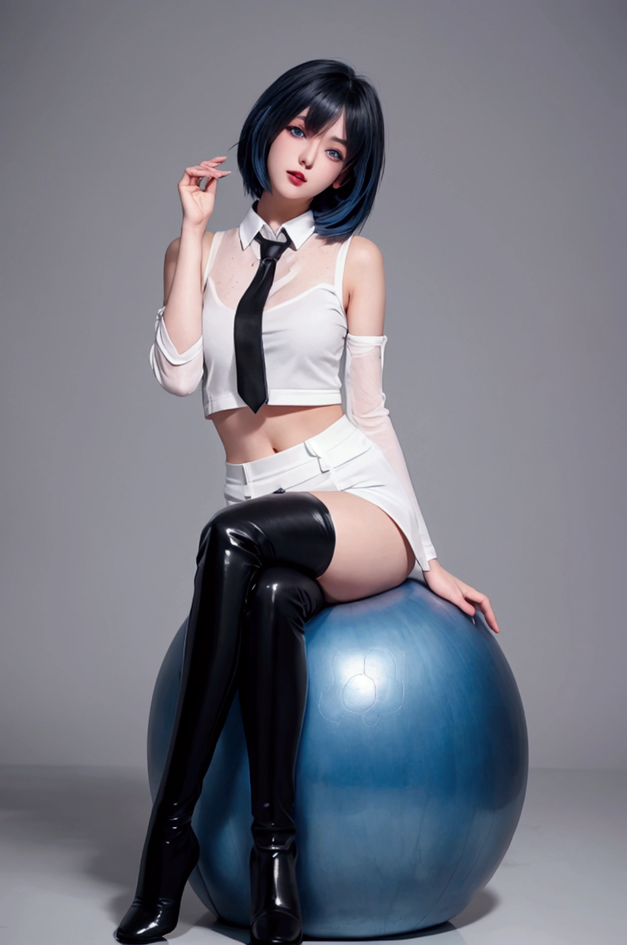 A (((full-body))) picture of an ethereally beautiful 1 girl. miku outfit,sleeveless shirt, grey shirt, detached sleeves, necktie, arm tattoo, skirt, thighhighs, thigh boots, masterpiece, best quality, 8k, Detailed skin texture, Detailed fabric texture, beautifull detailed face, intricate details, Super detailed, Portrait of Rei Ayanami, blue hair, blue eyes, wear glasses,head tilt,(masterpiece,Best quality,high resolution),Color Background,Acrylic paint,((Splash of Color,Ink splatter,Splash of Color)),Sweet Chinese girl,Thin waist,Navel,Huge ,Short curly hair,Straight Hair,White hair,Black Hair,Colorful Hair,Eyeliner,Glowing red eyes, Red X pupil,,flash,Peach Lips,White shirt,front,Upper Body. Her eyes are a striking blue, and she is wearing ((heavy black eye makeup)). She has a very slim body with long thin legs and large round breasts. She is wearing a tight white crop top, a very short black miniskirt, and black boots. She is sitting in a provocative pose that shows off her legs, and her (((whole body from head to toe))) is shown in the photo.
