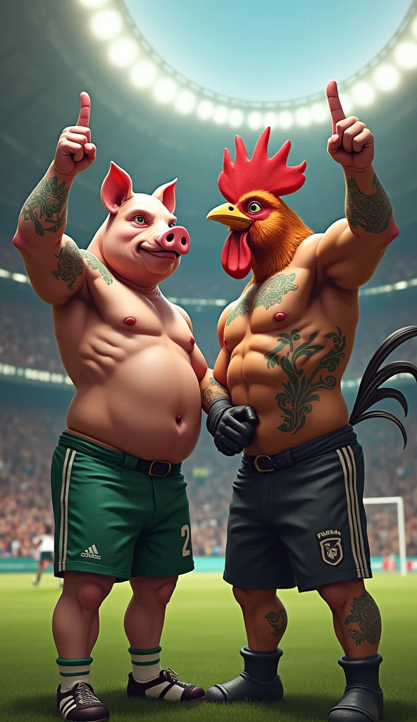 A muscular pig, puffed out and shirtless, green tattoo, crossing his arms above his head pointing the middle finger of both hands, inside a soccer stadium, next to a muscular rooster bird, puffed out and shirtless, black tattoo hugging himself