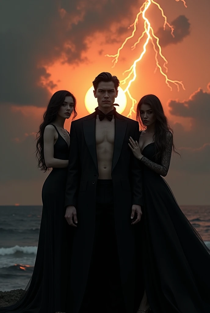 A handsome man with a perfect slim face dressed in a long black Dracula suit without a shirt, a cloudy sunset sky, a sun hiding behind a trail of water that matches the sun, a lightning bolt from afar next to him, two beautiful women dressed in black, the man is in the middle