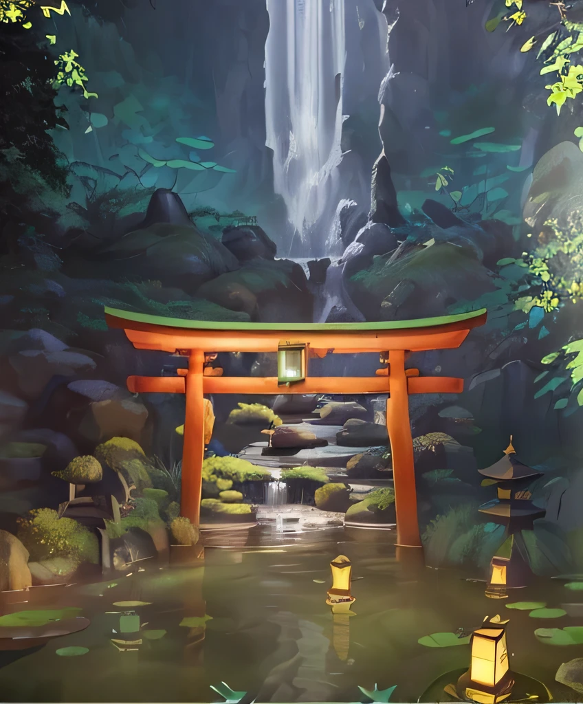 fantasy environment, tori gate, pond, lily pads, lanterns on pond, bottom of waterfall, asian stone lamps, rocks, trees, bushes cinematic sunlight