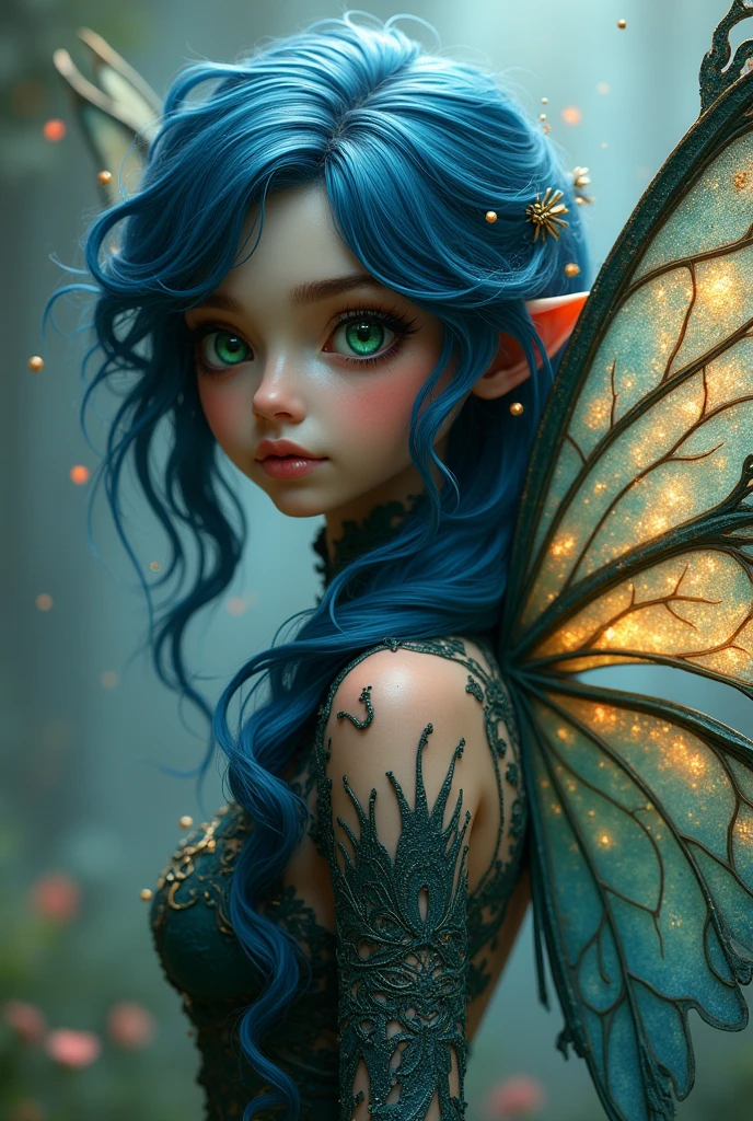 Fairy with big dark blue hair, with different colored eyes, with a single wing
