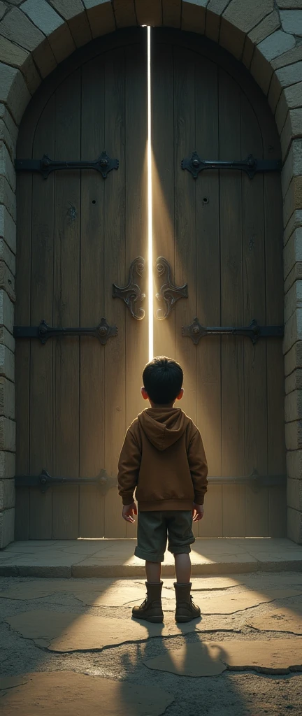 A brief glimpse of the old man as a young boy, standing in front of a mysterious door, hesitating with the same key in hand. The scene flickers back to the present.