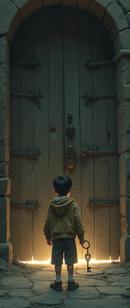 A brief glimpse of the old man as a young boy, standing in front of a mysterious door, hesitating with the same key in hand. The scene flickers back to the present.