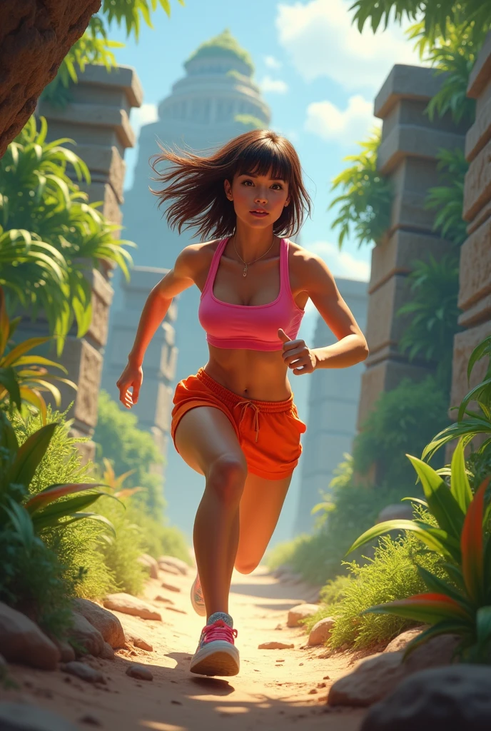 beautiful woman, running, wearing pink top, orange short, short bang brown hair, temple run game in background, realistic, intricate details