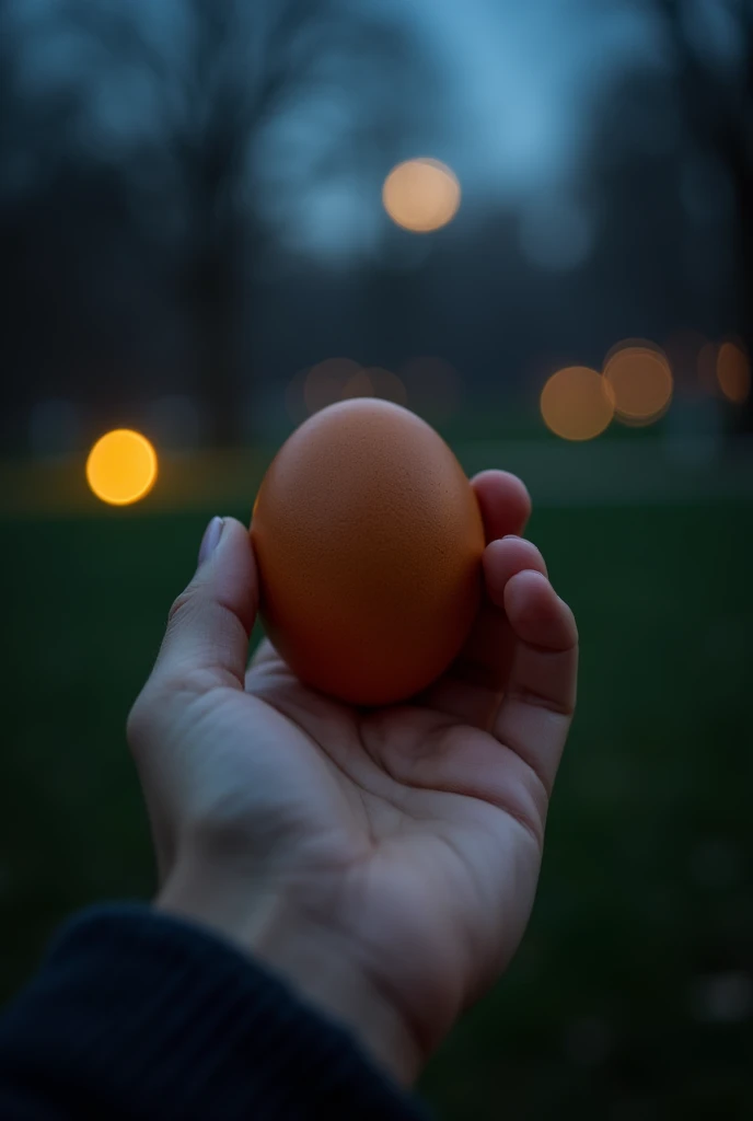 photo of a brown chicken egg held by a hand in a park at night