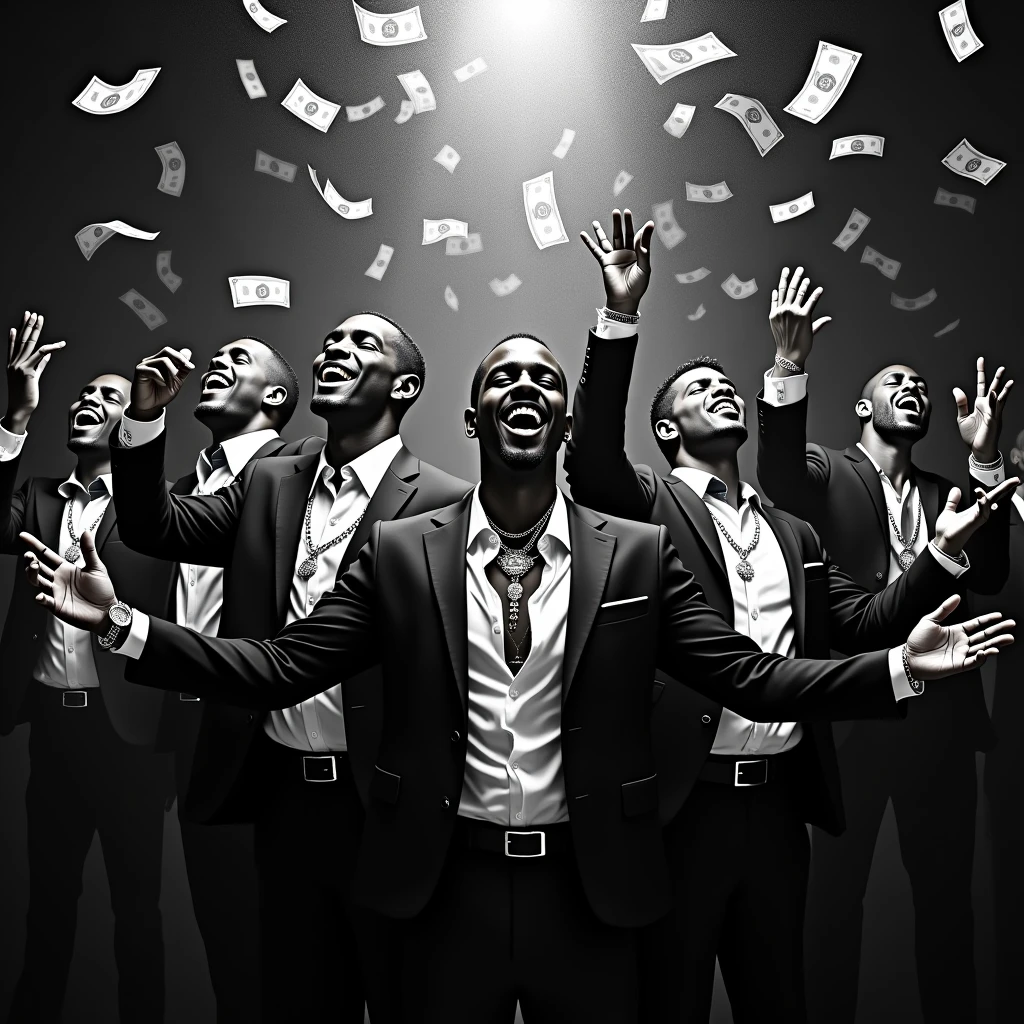 black and white men with money and jewelry in nightclub throwing money advance