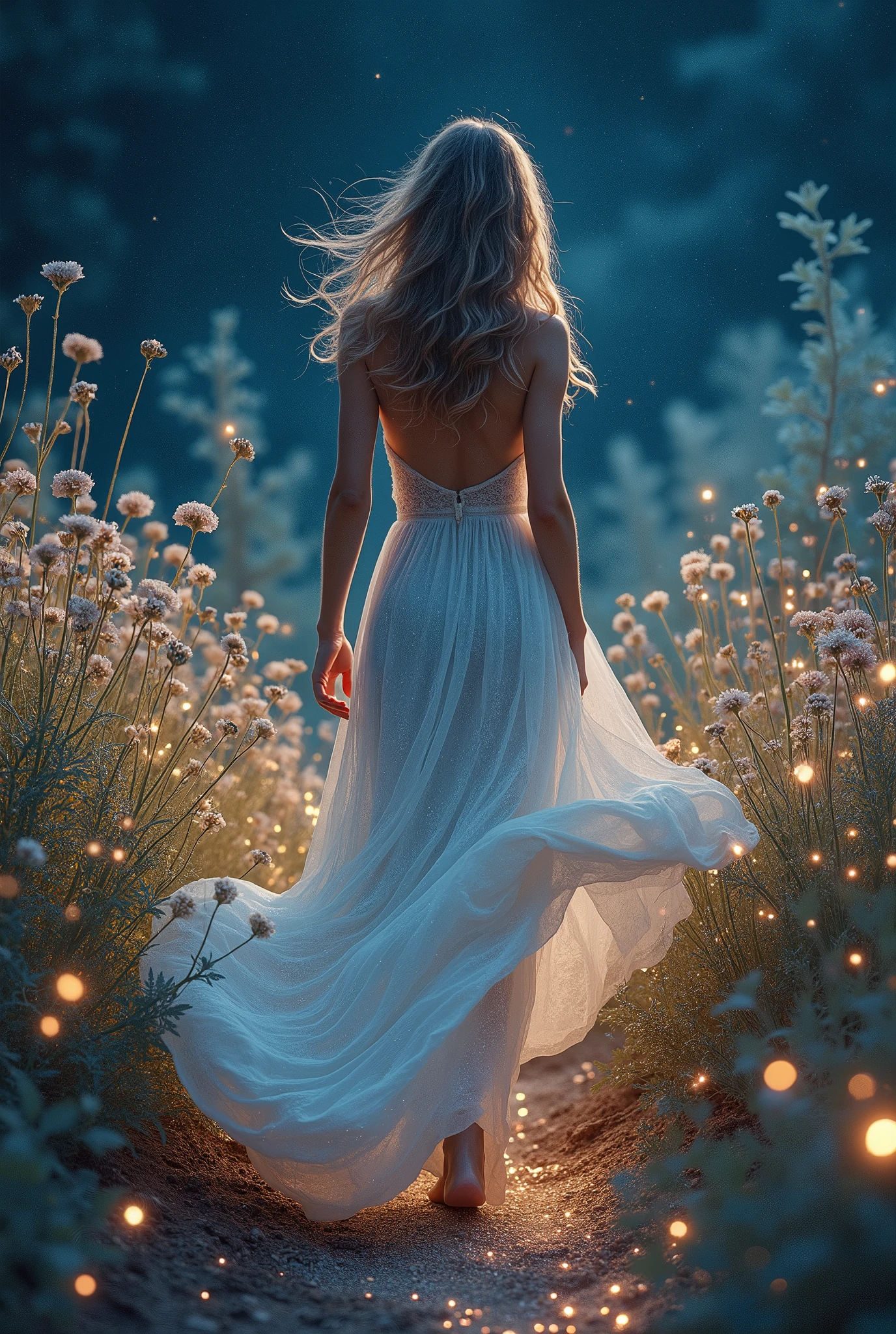A beautiful woman in a flowing, ethereal gown walks through a garden that floats among the stars. The plants are made of shimmering light and cosmic dust, with flowers that bloom into constellations. Her hair, blending with the night sky, is adorned with stars, and her every step causes the celestial flora to glow brighter, leaving a trail of stardust in her wake.