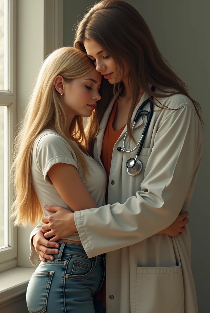 A young blonde with long, straight hair, eyes browns, with a t-shirt and jeans, a doctor's coat and a stethoscope around her neck hugging Jesus