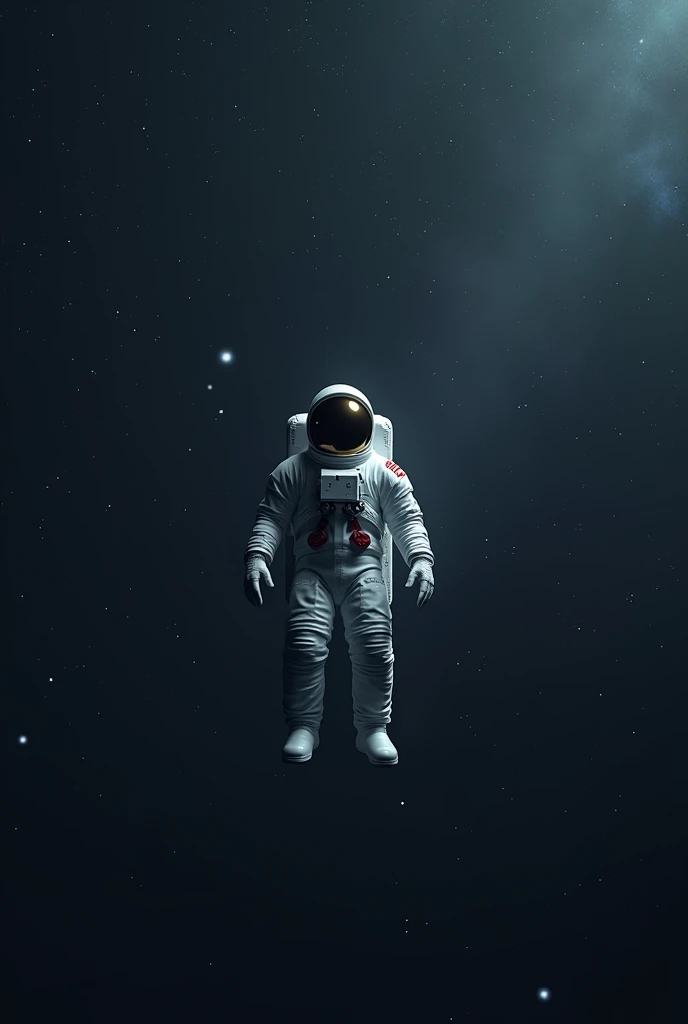 A photorealistic scene of an astronaut in a modern spacesuit floating in the dark, empty void of space. Behind him, the vast expanse of the Milky Way stretches out, with distant stars shining like tiny points of light in the deep blackness. The astronaut is completely alone, with his hands slightly extended, as if he is gently exploring this silent, gravity-free environment. The scene captures the immense solitude and wonder of space exploration, highlighting the contrast between the small, human figure and the infinite cosmos.