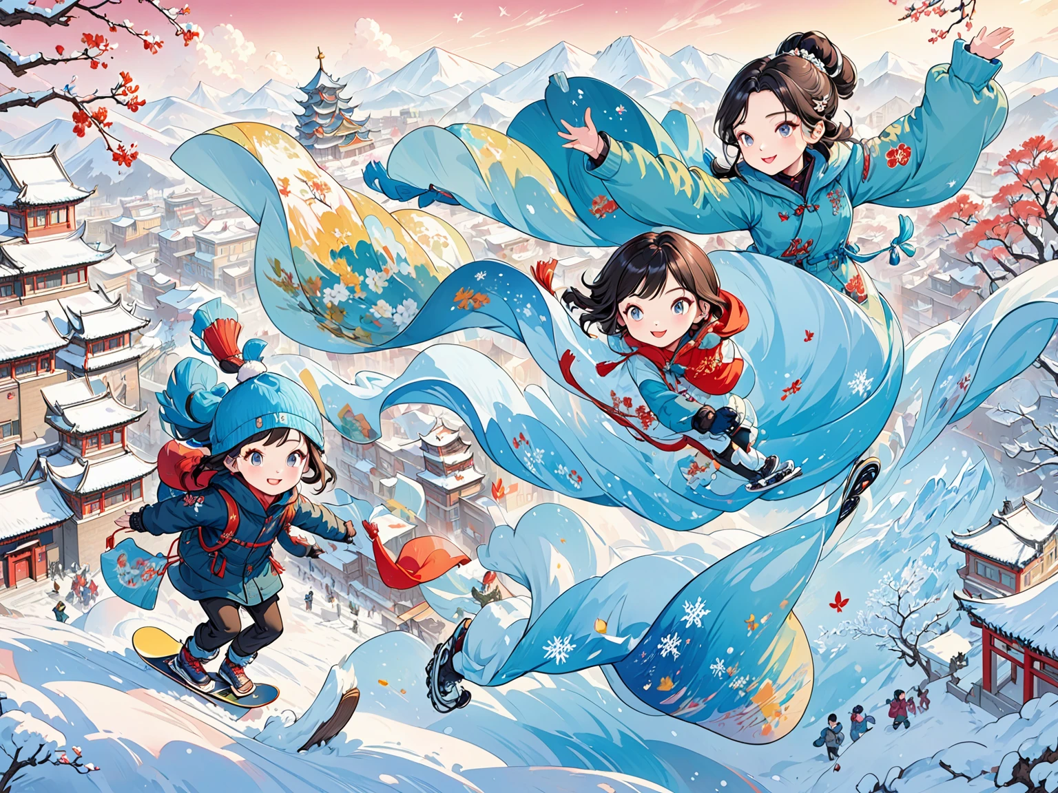 A cartoon man on snowboard in the city, Official Fanart, 8K cartoon illustration, Hand drawn cartoon art style, Cold as ice! 🧊, Official Art, Official Artwork, Official illustrations, Dreamy China, Propaganda Art in the 2020s, A beautiful artistic illustration, Lovely and detailed digital art, Beijing, Inspired by Ma Yuanyu，Heilongjiang，church，Harbin Sofia Church，