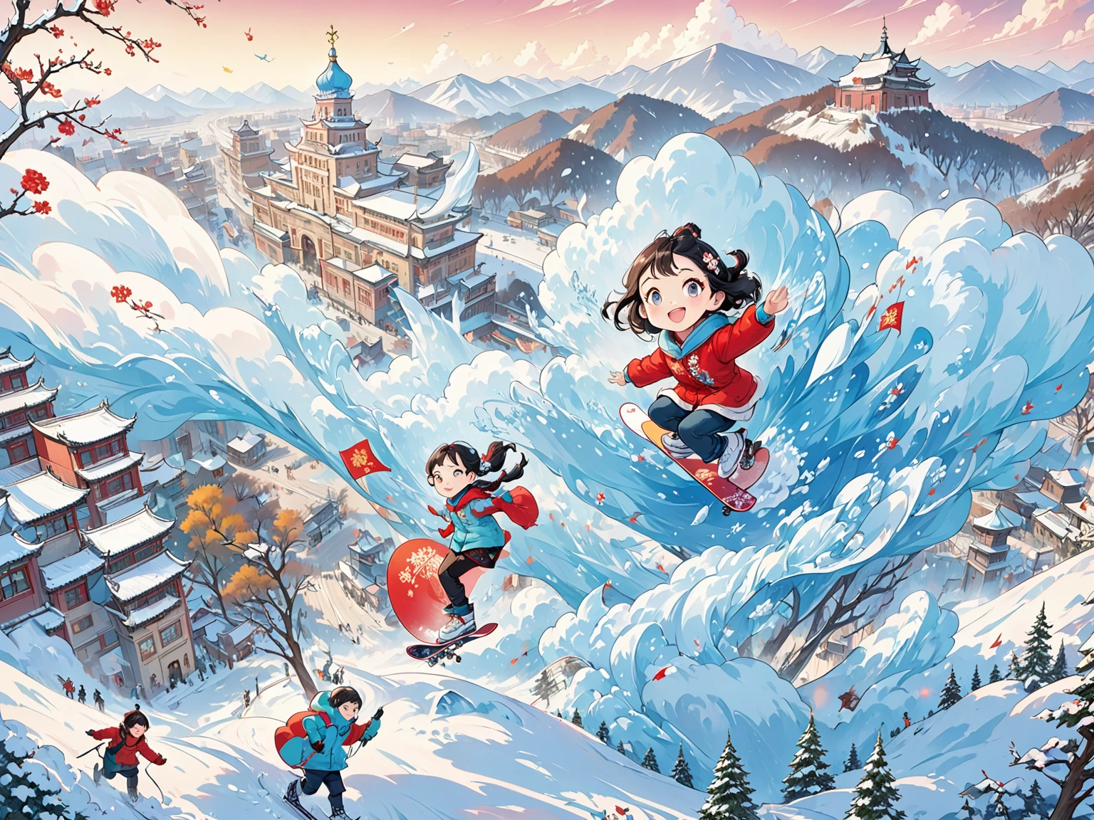 A cartoon man on snowboard in the city, Official Fanart, 8K cartoon illustration, Hand drawn cartoon art style, Cold as ice! 🧊, Official Art, Official Artwork, Official illustrations, Dreamy China, Propaganda Art in the 2020s, A beautiful artistic illustration, Lovely and detailed digital art, Beijing, Inspired by Ma Yuanyu,Heilongjiang,church,Harbin Sofia Church,