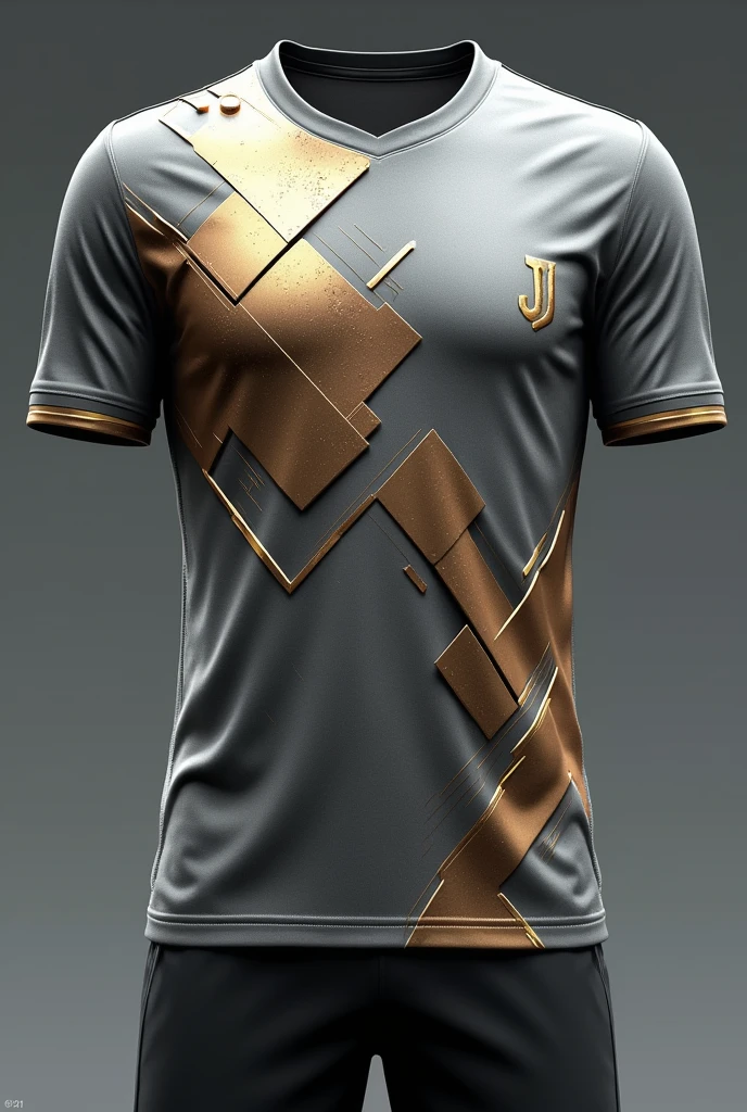 Make a football kit with this style, Geometric Futuristic Design: Silver-grey t-shirt with a pattern of geometric shapes in metallic tones (the payment, gold and bronze). The shapes are strategically placed to create a three-dimensional effect.. The numbers and names of the players are in a digital typography inspired by electronic circuits.. The shorts have a reflective trim that shines under the light.