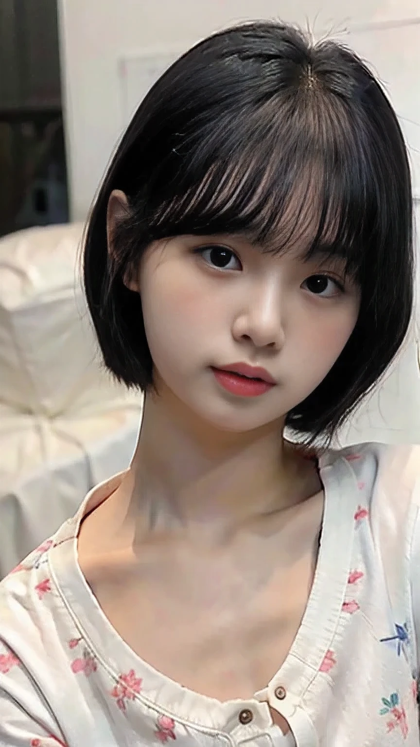 masterpiece、４hair、Photographed from the front、（cute smile 1.6）Close-up shot、1 female、Black Hair、｟Fluffy bob cut｠1 person、in pajamas、Japanese women、beautiful girl、Looking at the camera、cute、bed