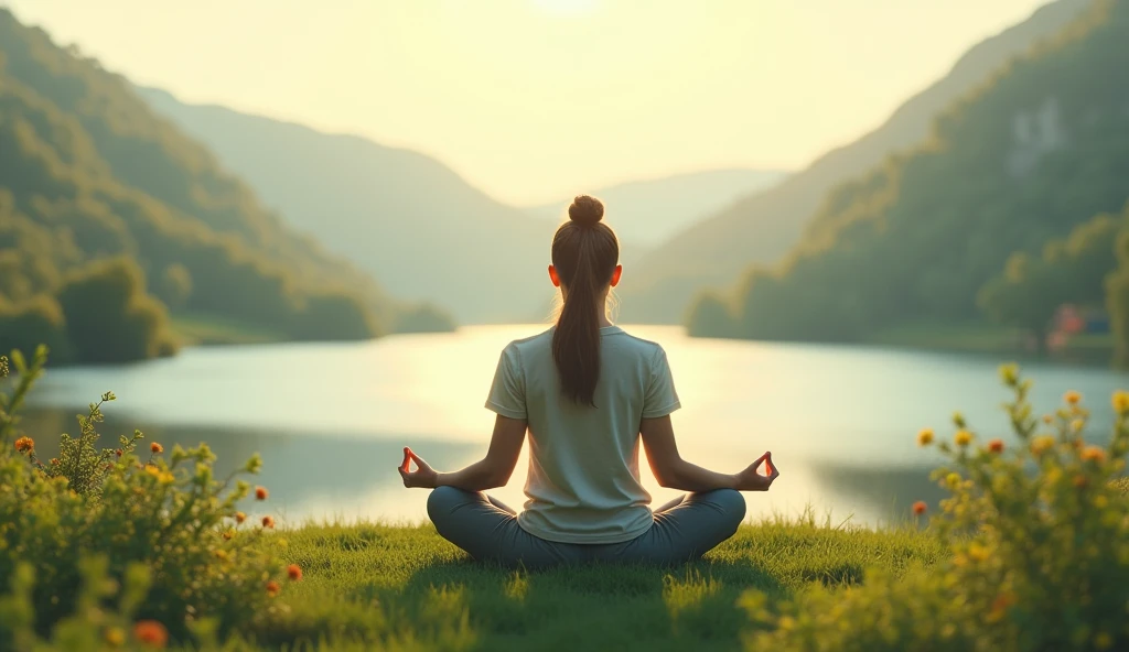 A serene landscape with a calm person meditating, symbolizing mental health recovery and resilience, in a realistic style with soft lighting, representing the concept of overcoming trauma and self-care.