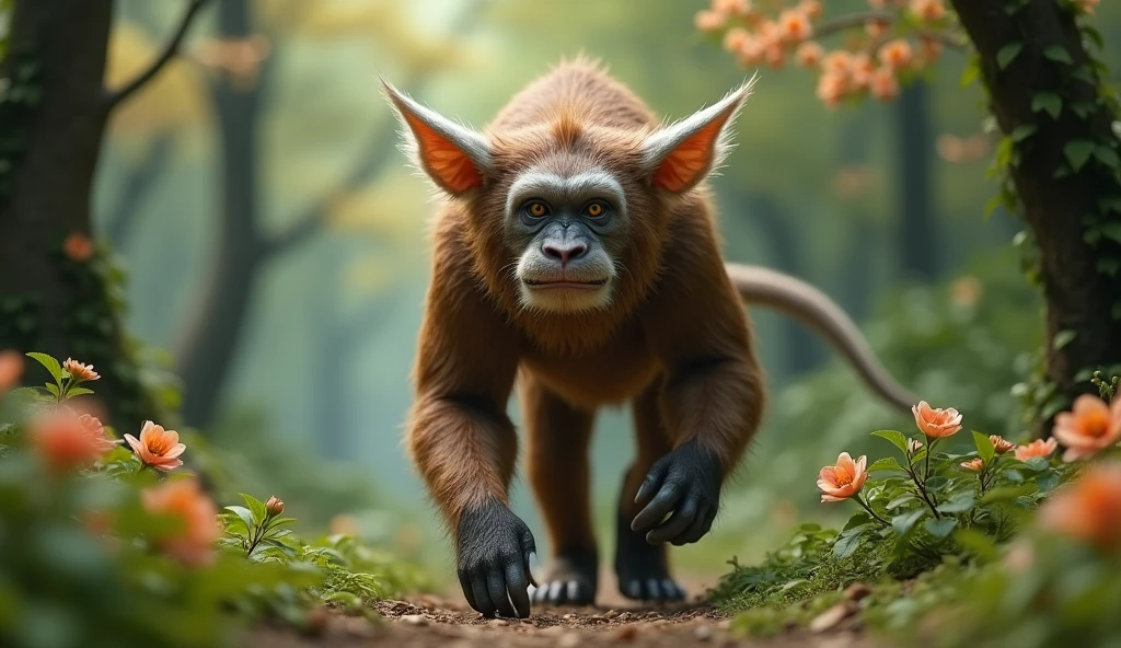 Front view,There is a wild beast in the osmanthus forest,Looks like a brown monkey but has white ears,Walking upright(best quality,4K,8k,High level,masterpiece:1.2),Ultra Detailed,(lifelike,Photo real,Photo real:1.37)