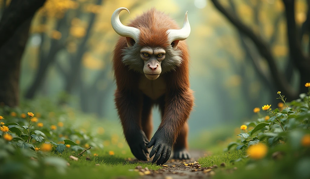 Front view，There is a wild beast in the osmanthus forest，Looks like a brown monkey but has white ears，Walking upright（best quality，4K，8k，High level，masterpiece：1.2），Ultra Detailed，（lifelike，Photo real，Photo real：1.37）