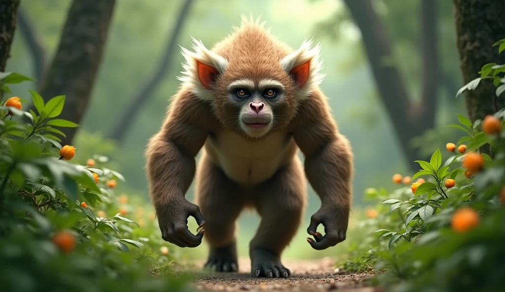 Front view,There is a wild beast in the osmanthus forest,Looks like a brown monkey but has white ears,Walking upright(best quality,4K,8k,High level,masterpiece:1.2),Ultra Detailed,(lifelike,Photo real,Photo real:1.37)