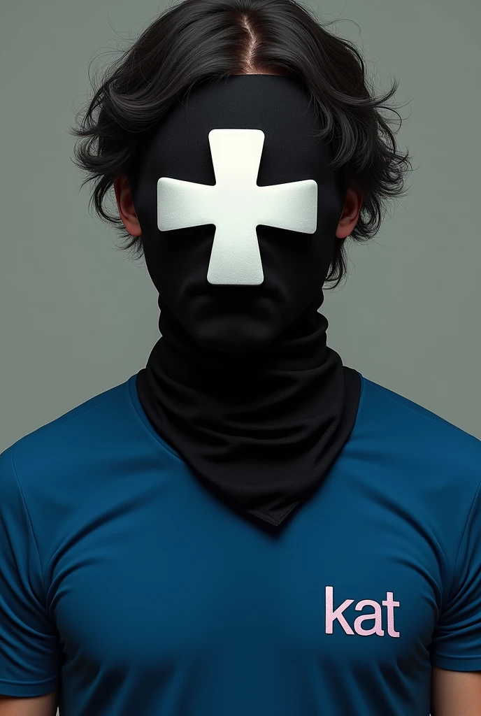 A man with wavy black hair wearing a black mask, a white cross-shaped mask, a blue short-sleeved shirt, a screen-printed shirt with the word KAT on the left chest.