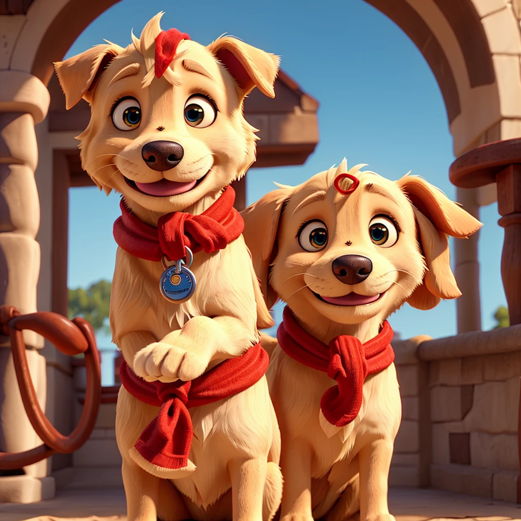 Face of a smiling golden retriever dog with a red scarf around its neck and blue eyes