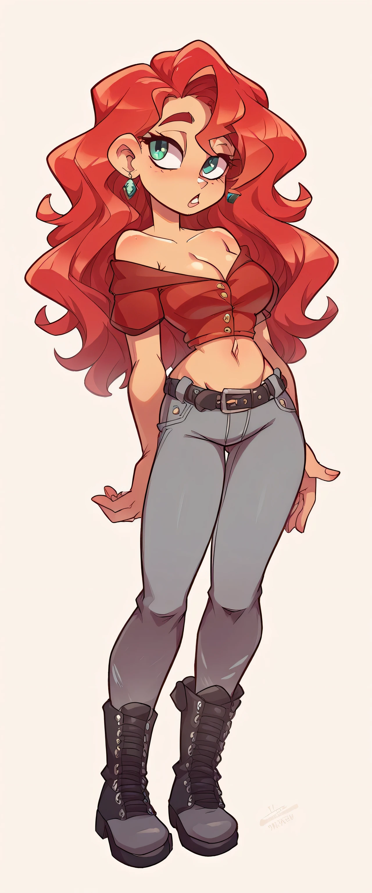 Draw a woman in tight jeans anime version , voluptuous, red hair ,wide legs