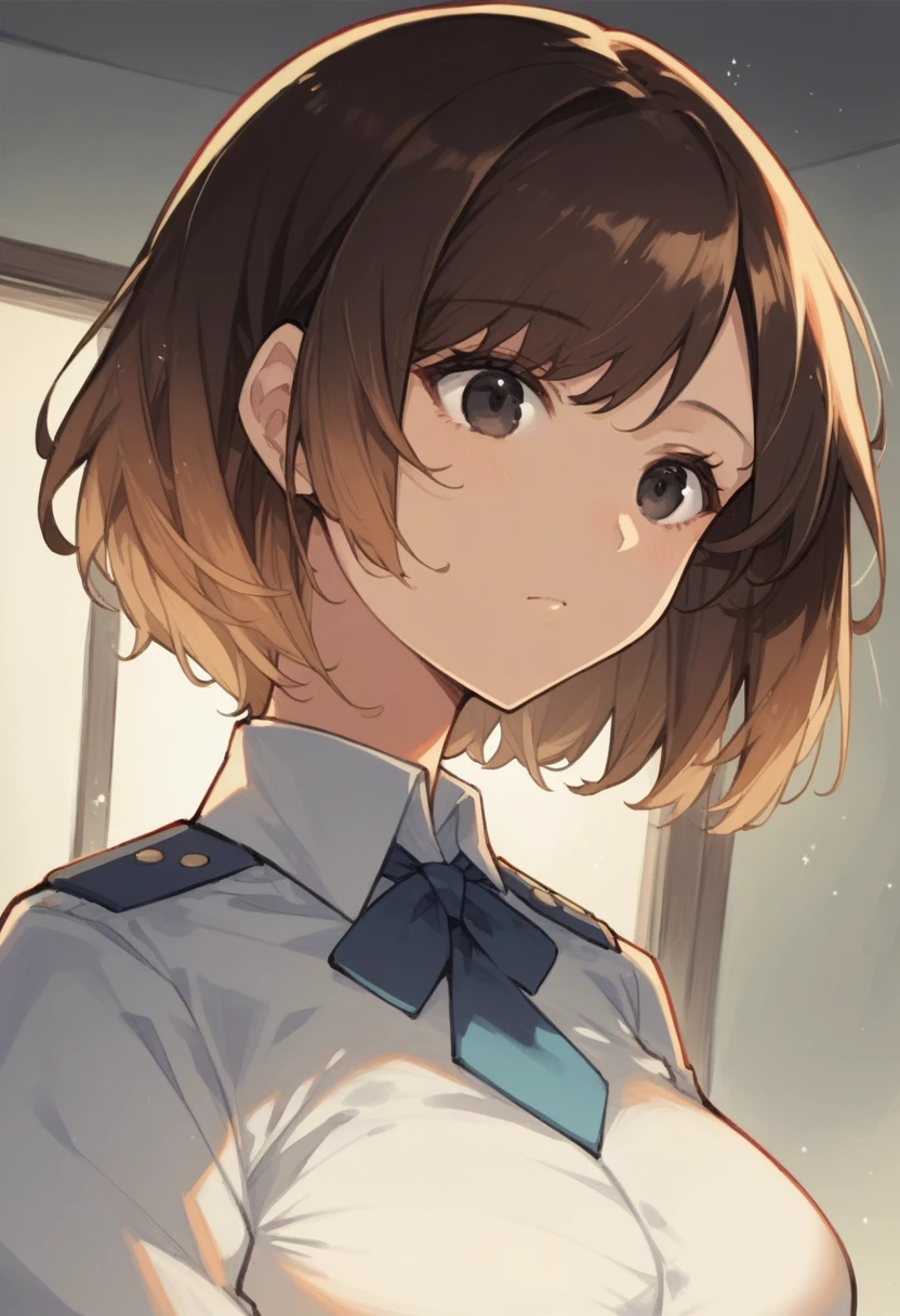 score_9, score_8_up, score_7_up, source_anime, 1girl, black eyes, room, wariza, medium hair, bob haircut, dark brown hair, gradient hair, portrait, solo, Adult woman, best perfect anatomy, thin, curvy body, medium breasts, curvy body, close up shot on person, a woman showing happy, close up shot on person, pov_doorway, a woman showing his hand, mature woman standing poses, wear mouth mask, skirt suit, (((three-piece suit))), necktie, blazer, (((suit jacket))), (((waistcoat))), double-breasted waistcoat, bodycon miniskirt, pencil skirt, tie clip, pocket square, pocket watch, white format gloves, pantyhose, dynamic angle. perfect dynamic composition, foreshortening, dramatic shading, volumetric lighting, hotel room background,