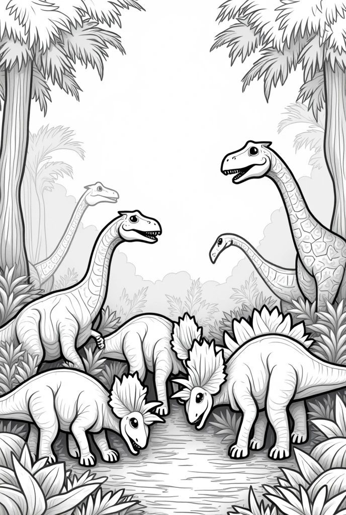 herbivorous dinosaurs feeding in a forest, black and white image, Picture for kids, made to color
