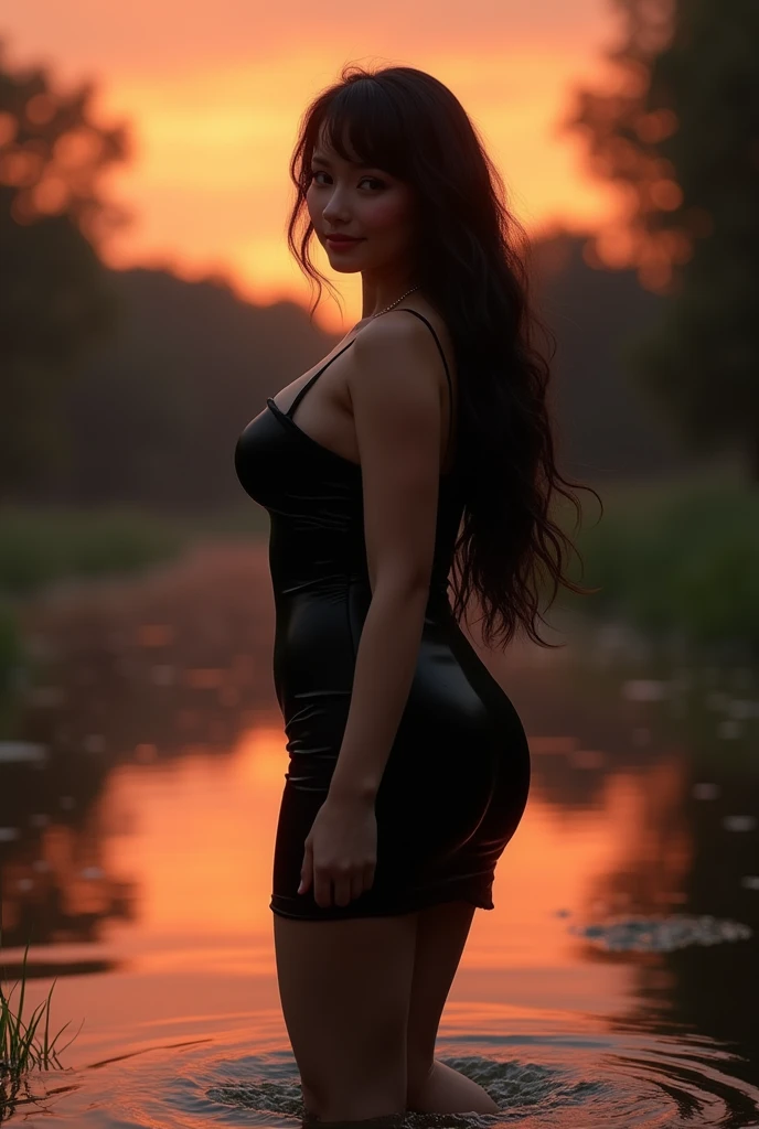 Beautiful sensual and erotic woman with a curvy body, long full waving black hair, bangs, widest waist, beautiful fitting breasts, curvy accentuated booty, high detailed black eyes with long eyelashes, sensual smile, thick thighs, Strong calves, taniaayusiregar, walking into a pond, letting her eyes wander, calm mood, dramatic sunset, she is wearing a beautiful tight evening dress, photorealistic scene, Masterpiece, bokeh, sunset, night, Volumetric warm lighting, low light, sensual atmosphere, close up shot, picture is shot from behind