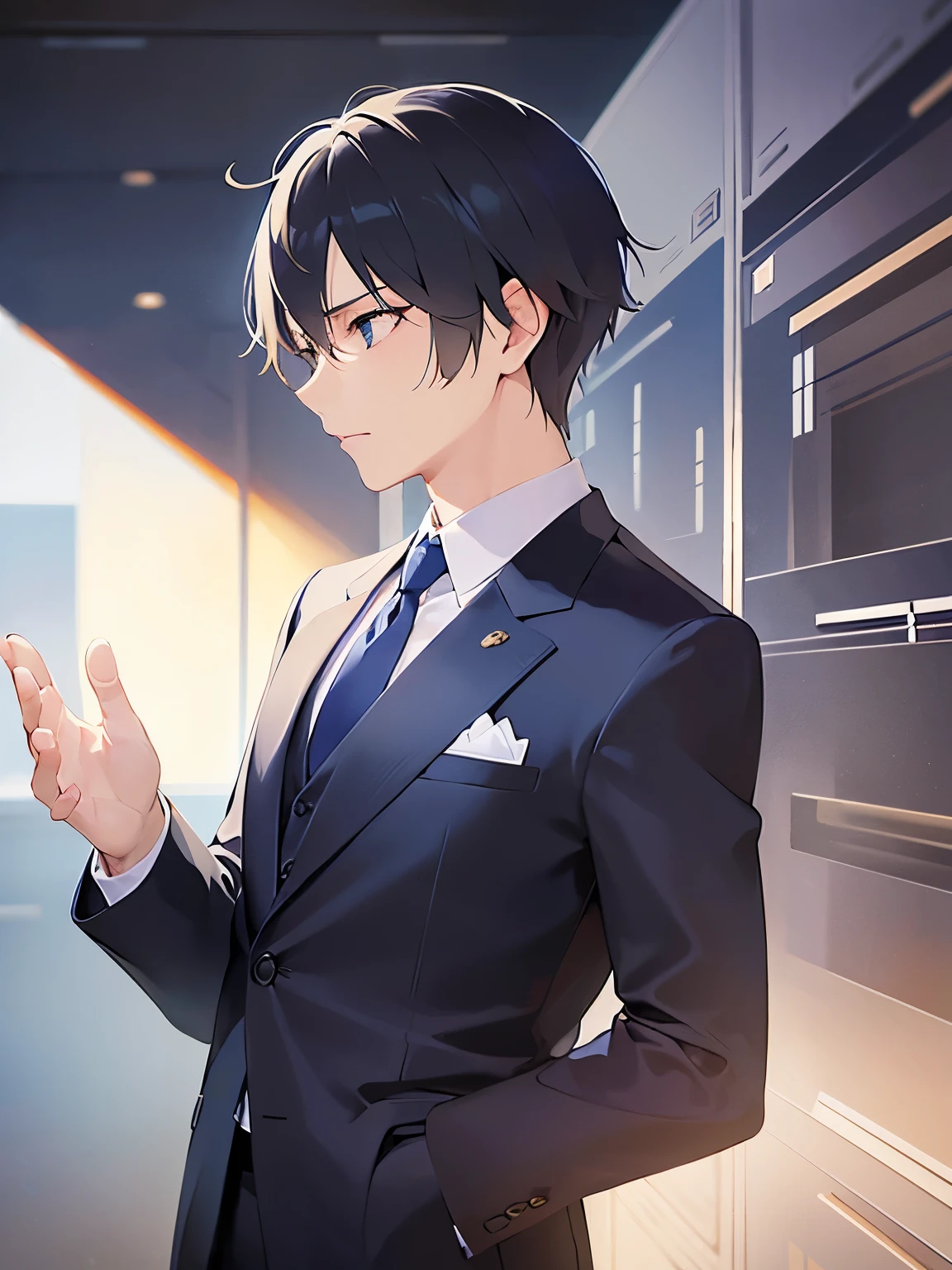 side angle,（looking away:1.5）upper body,waving hands front own chest
shiny skin, masterpiece、Highest quality、
(2 male:1.5) and (Black short hair) and (blue eyes), 
 (Wearing a suit:1.5) and (Blue tie)、
gloomy、
The background is the conference room、（alone:1.5）