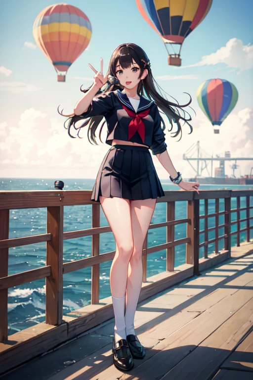 ((Highest quality)), ((masterpiece)), (detailed), One girl, sexy,Sailor suit、Navy blue knee socks、Leather shoes、Looking down on the sea from a hot air balloon、Long Hair、Idol、V sign、microphone、singing