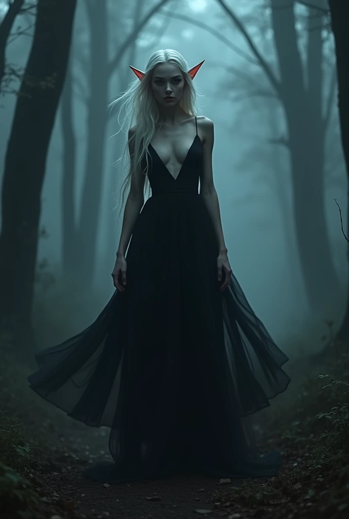 light tulle fabric, magical, pointy ears, innocent looking face, innocent look, Extremely passionate and seductive elf. r, Long, loose dress that flies like a black evening veil, walking in a forest on a dark and gloomy night with fog in the background. full body photography, thick legs, beautiful long silver hair , light eyes,)))(((A perfect and definitive idol that captivates everyone., Super detailed and flawless glowing eyes., dark and mysterious place, Dramatic and sinister nighttime ambient lighting that gives off a horror-thriller feel., Greedy look inviting a man.、intricate hair、9Perfect head and body figure.、Perfect body line、 fine figure、emphasize the neckline、Shoot RAW、photorealistic cinematic rendering、Hyperrealistic representation、portrait photo、night rendering、Coherent general photographs.、realistic skin textures、high quality、high detailed、mais high quality、high resolution、HDR 8K、ray tracing、Canon.