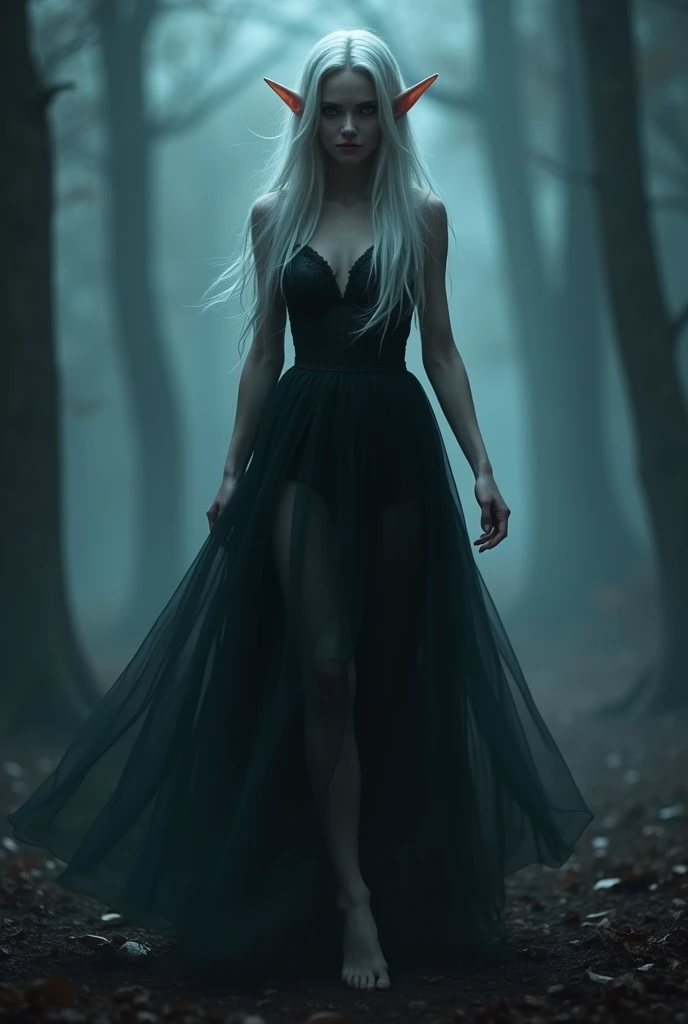 light tulle fabric, magical, pointy ears, innocent looking face, innocent look, Extremely passionate and seductive elf. r, Long, loose dress that flies like a black evening veil, walking in a forest on a dark and gloomy night with fog in the background. full body photography, thick legs, beautiful long silver hair , light eyes,)))(((A perfect and definitive idol that captivates everyone., Super detailed and flawless glowing eyes., dark and mysterious place, Dramatic and sinister nighttime ambient lighting that gives off a horror-thriller feel., Greedy look inviting a man.、intricate hair、9Perfect head and body figure.、Perfect body line、 fine figure、emphasize the neckline、Shoot RAW、photorealistic cinematic rendering、Hyperrealistic representation、portrait photo、night rendering、Coherent general photographs.、realistic skin textures、high quality、high detailed、mais high quality、high resolution、HDR 8K、ray tracing、Canon.