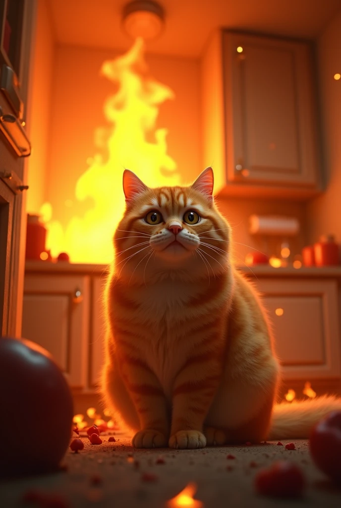 "A kitchen engulfed in flames, orange and red hues glowing, with a orange chubby cat standing in the foreground, eyes wide with alarm, sensing imminent danger."
