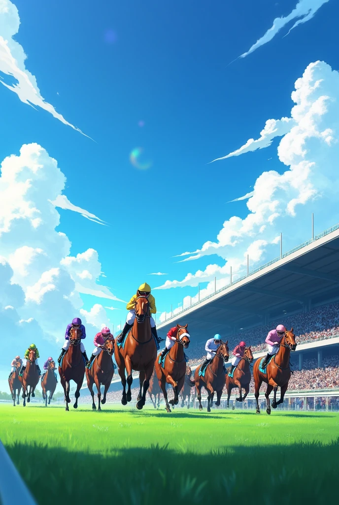 Tokyo Racecourse,Sunny,blue sky,12 horses in the race,The goal scene,Turf,A lot of people are watching,A lot of people,Image from the auditorium,(Highest quality,High resolution,Masterpiece,8K),