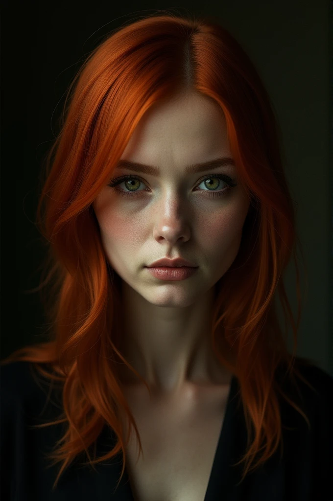 Woman with straight red hair, fair skin and green eyes 