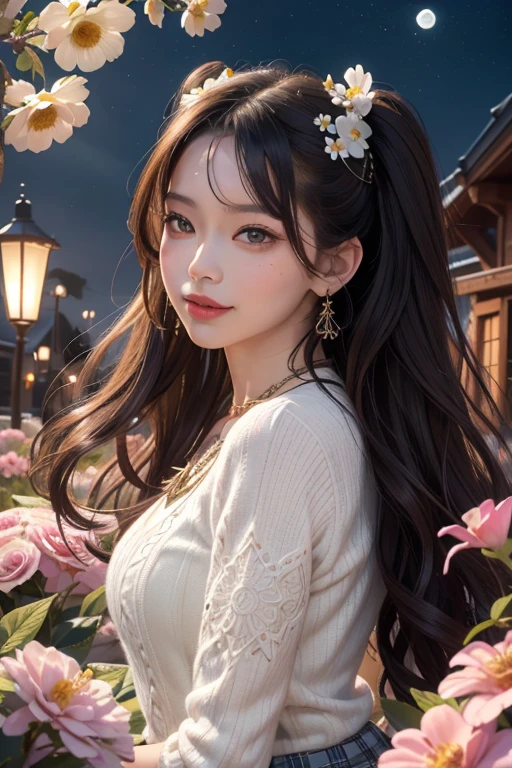 One girl, alone, (((Highly detailed face))), Close your mouth, Upper Body, (zenTangle, Mandala, Tangle, enTangle), (Flowers Bloom:1.2), Official Art, unity 8k wallpaper, Super detailed, beautiful, masterpiece, Highest quality, Photorealistic 1 beautiful woman,mini skirt,posing,tall,cute face,large eye bags,seductive smile,twin tail,from side,moon,castle,necklace,masterpiece,japanese