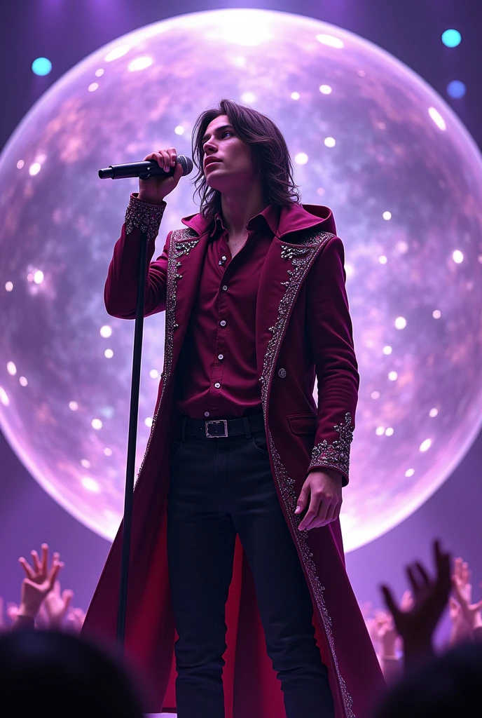 artwork best quality realistic image handsome american male ager long brown hair flying fair skin with burgundy button down shirt and black pants with coat cape and hood on head in burgundy color with intricate silver details glowing inside a giant crystal ball and singing with a microphone in his hand with purple lights around him illuminating him intricate details seen from afar at a concert with details uhq details 8k realism