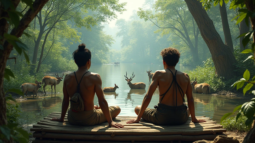 Two Cambodian hunters sit on a wooden bed on a tree staring at a pool of water in the forest where wild animals are drinking 8k  