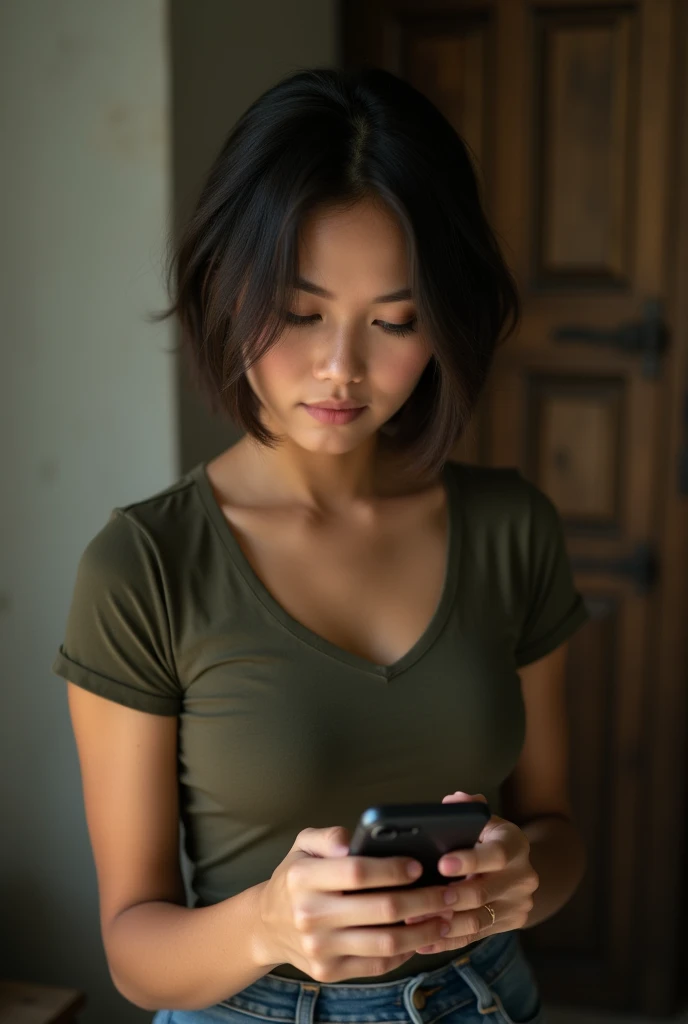 photo of a 20 year old Javanese woman, beautiful, with exotic skin, wearing a tight army color t-shirt, short hair to the ears, nipple, playing with a cell phone, big tits