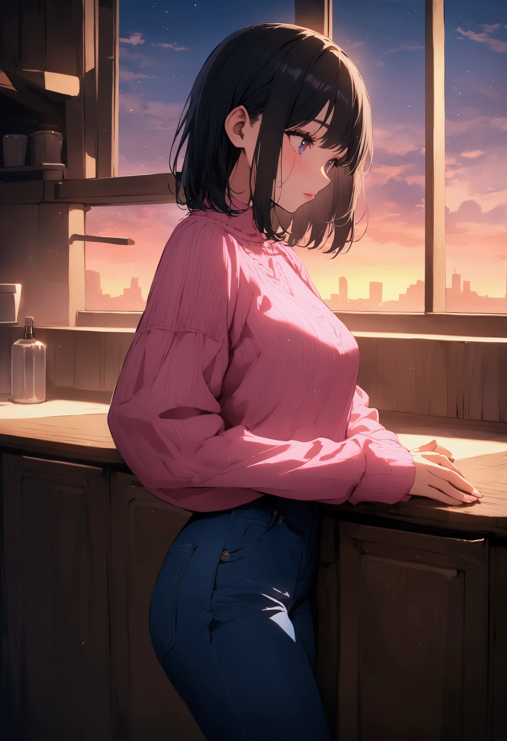 short straight black hair with pink sweater and blue jean