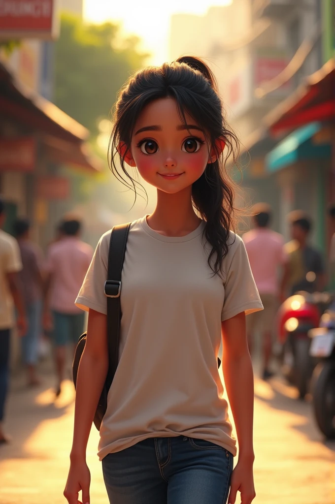 Tamil teen girl, wearing t shirt, walking in road, right side angle