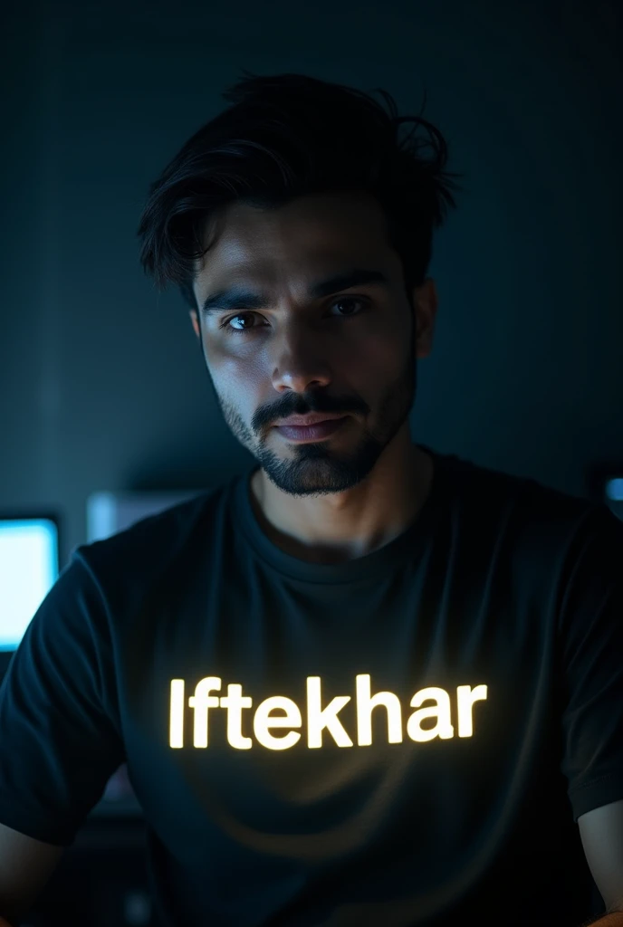 Iftekhar A portrait of iftekhar passionate coder, wearing a t-shirt or shirt with his name written on it in glowing letters. The background is a dark room