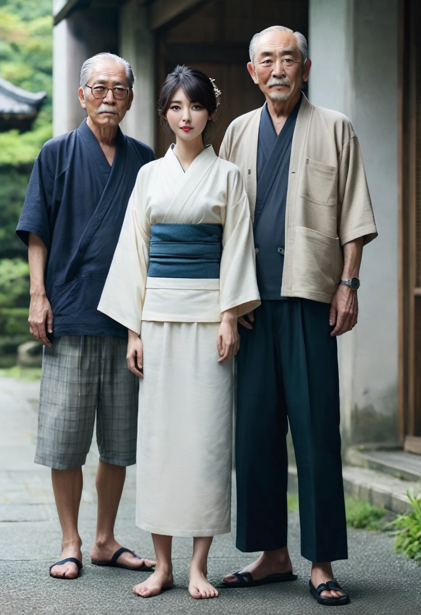 High resolution、High level image quality、high detail、masterpiece、realistic skin,、rough skitomically correct)、(two men and women standing together)、((2 Japanese cute 、1 Japanese male grandfather)）、((whole body_from head to foot))、