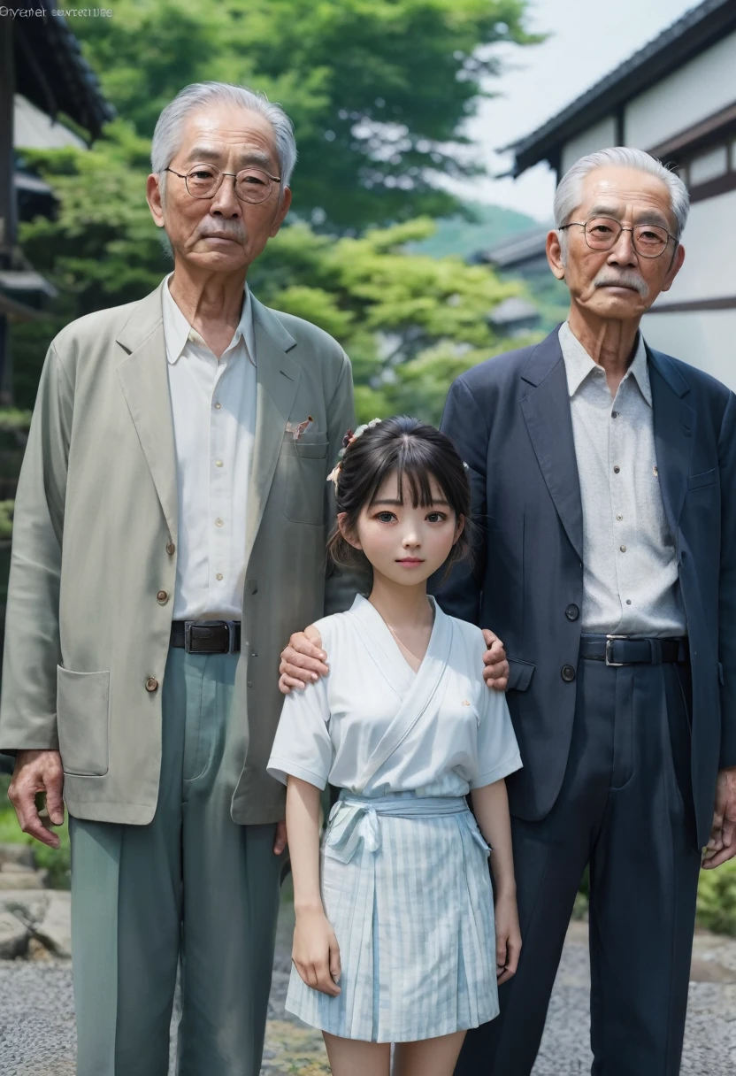 High resolution、High level image quality、high detail、masterpiece、realistic skin,、rough skitomically correct)、(two men and women standing together)、((2 Japanese cute 、1 Japanese male grandfather)）、((whole body_from head to foot))、