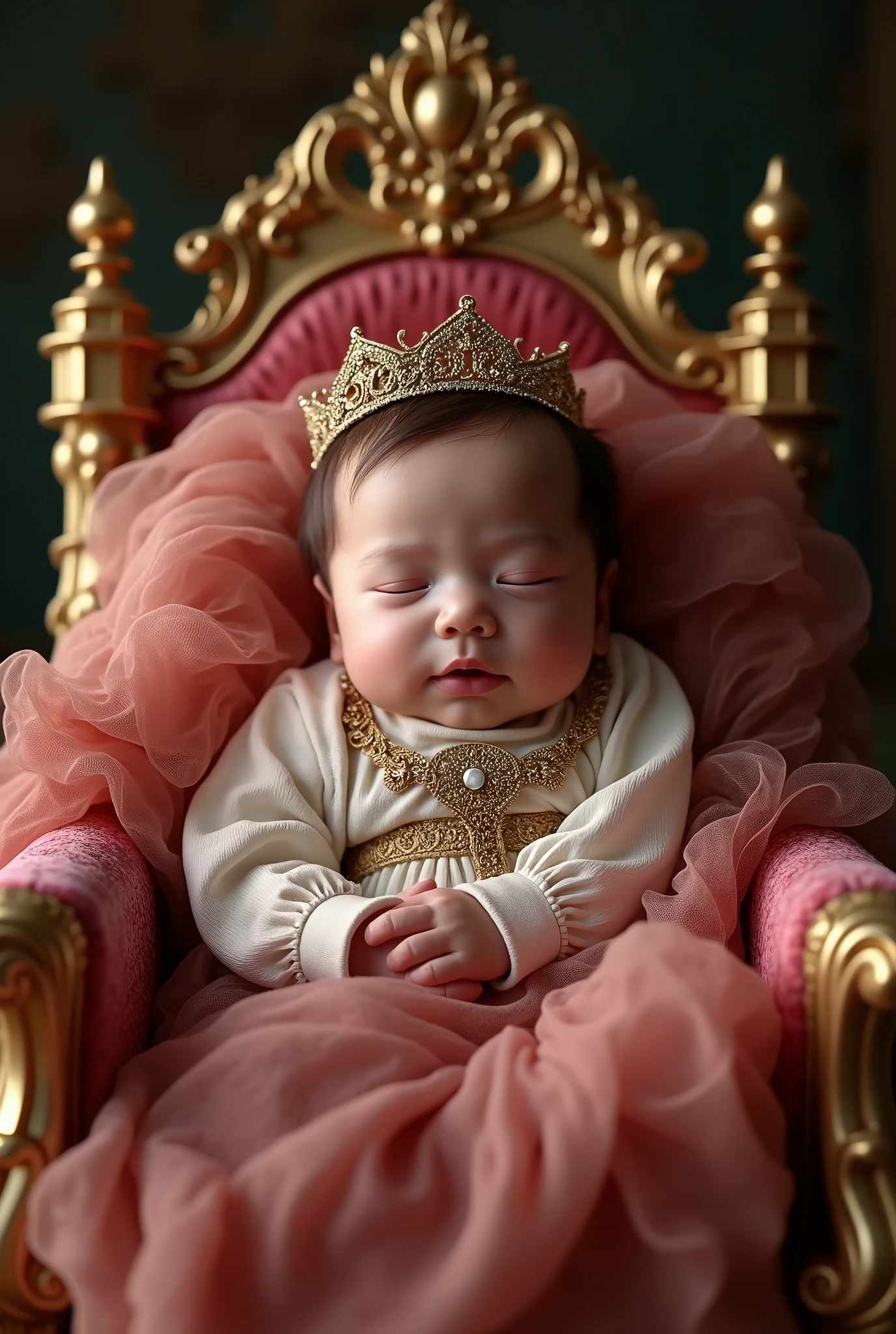 A beautiful toddler girl, the Queen of Hearts, lying in her ornate cradle in her room, (beautiful detailed eyes,beautiful detailed lips,extremely detailed eyes and face,longeyelashes), (best quality,4k,8k,highres,masterpiece:1.2),ultra-detailed,(realistic,photorealistic,photo-realistic:1.37),intricate baroque style interior, dramatic chiaroscuro lighting, vivid colors, ornate crown, lace, satin, porcelain, fantasy, digital art