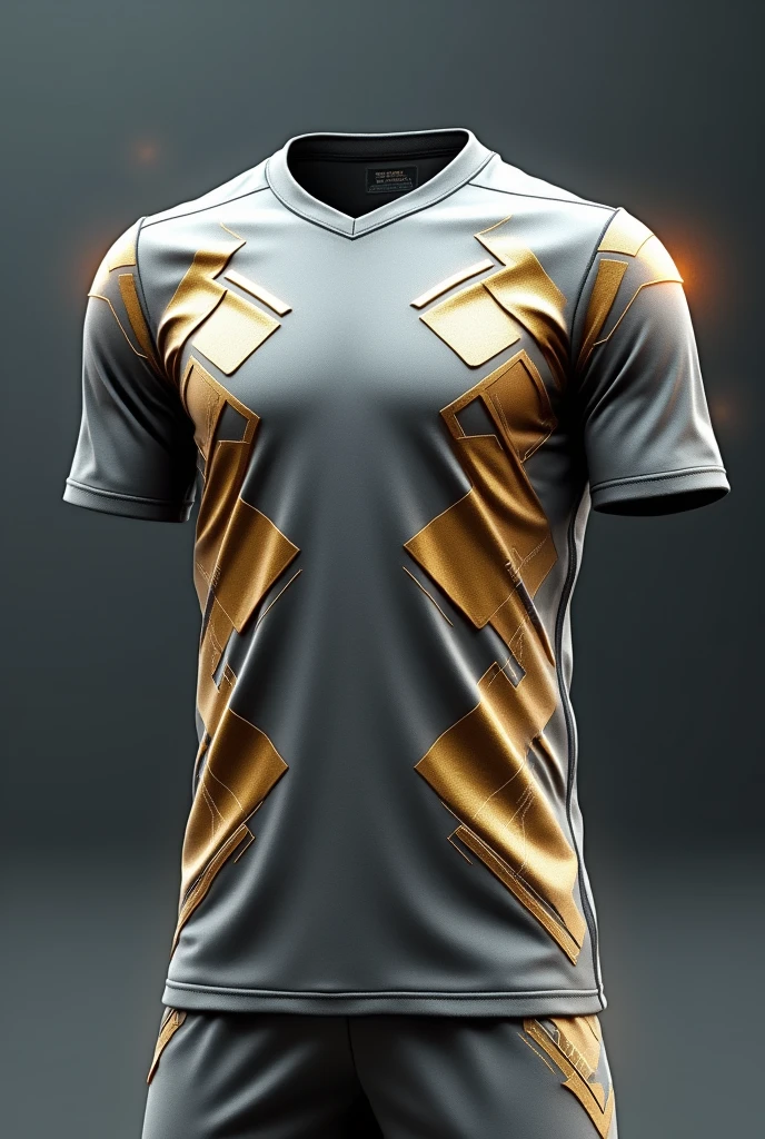 Make a football kit with this style, Geometric Futuristic Design: Silver-grey t-shirt with a pattern of geometric shapes in metallic tones (the payment, gold and bronze). The shapes are strategically placed to create a three-dimensional effect.. The numbers and names of the players are in a digital typography inspired by electronic circuits.. The shorts have a reflective trim that shines under the light.