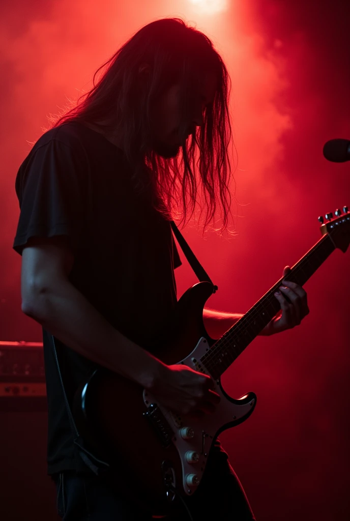 Long hair that obscures facial expression、guitarist、male、live house、smoke、Red lighting、