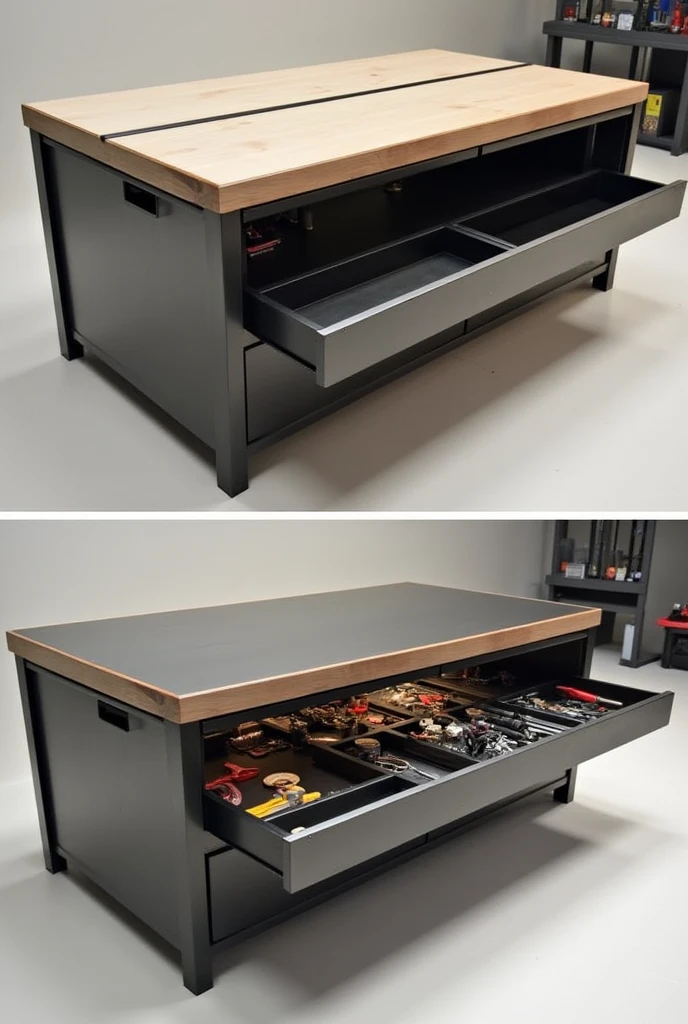 Table that opens and closes and holds tools