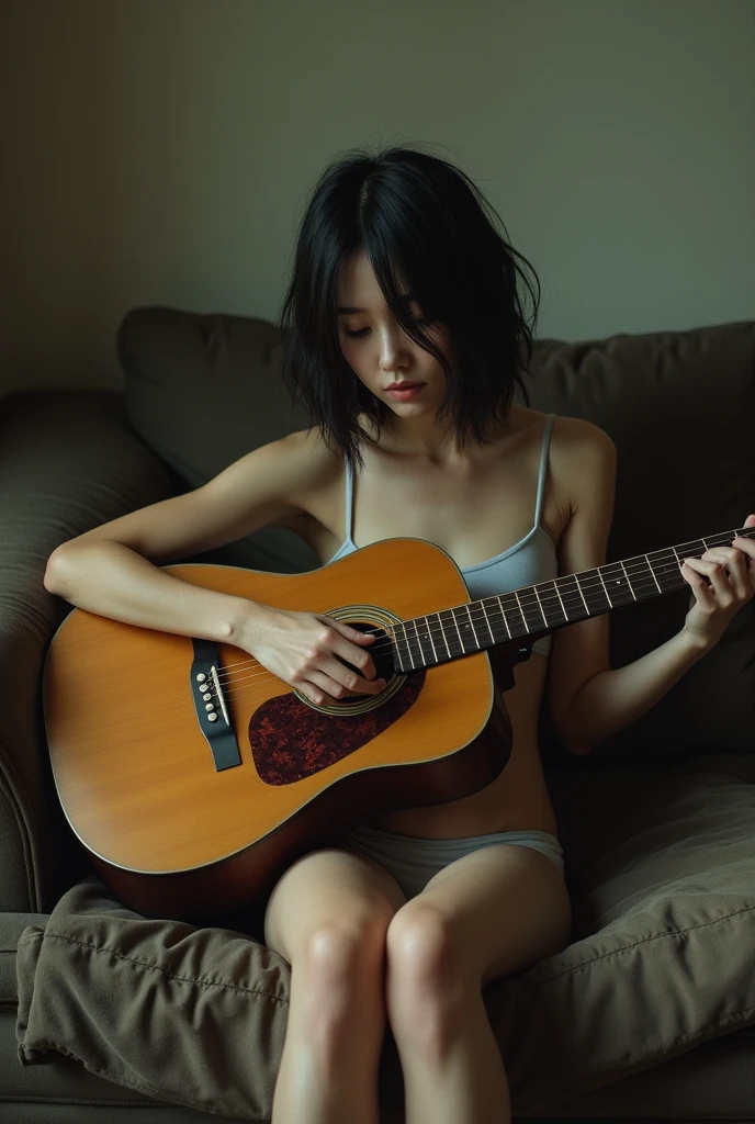 A 20-year-old girl who is as cute as a 16-year-old idol, Completely naked公認歌手, Completely naked,guitar, Full body portrait, Natural light,  Accurate,  Anatomically correct,  Textured skin,  front lighting,  f/1.0mm,  fujifilm G FX 50R,  Regina Display,  Super Detail,  Attention to detail,  high quality,  最high quality,  High resolution, Real、realism、Raw photo、1080p,  hard disk,  4K,  8k,  Wavy Hair,  guitarヒロイン, Let's Rock, Completely nakedのソロ歌手,Completely nakedでライブ