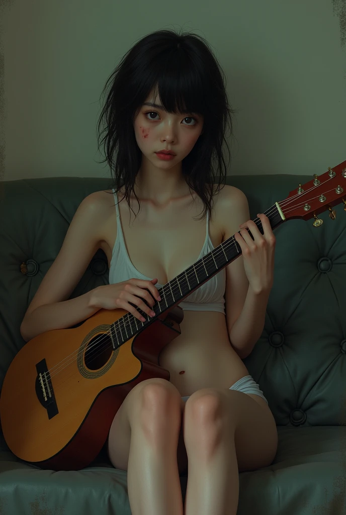 girl, damaged hair, slim, small breasts, In underwear, playing guitar on a couch, real